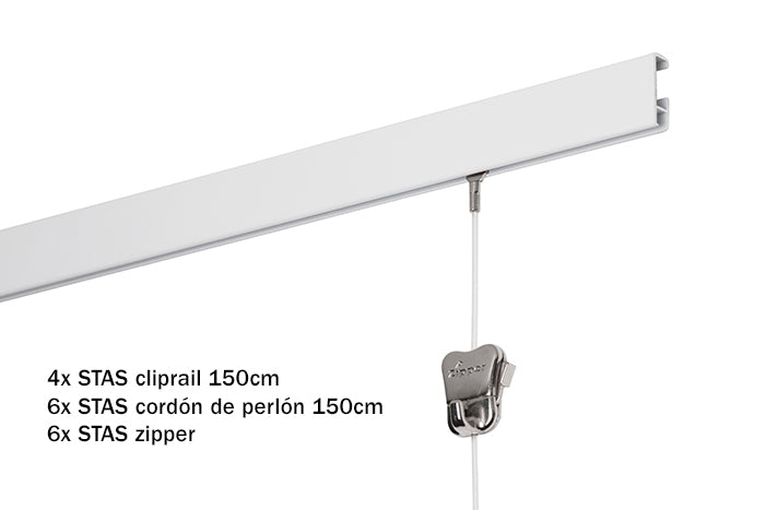 Kit de inicio: STAS cliprail 600 cm (4x150 cm) blanco + 6x STAS cobra cordón de perlón 150cm + 6x STAS zipper